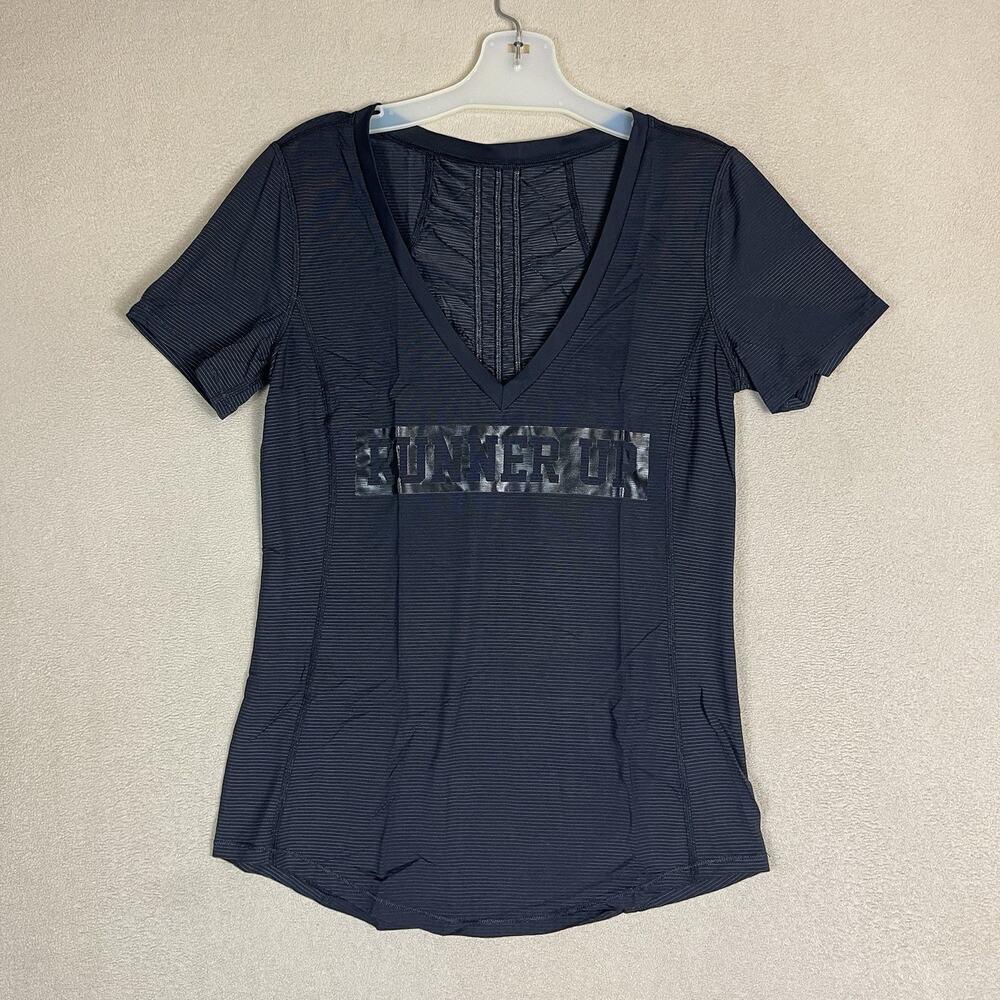 Lululemon T Shirt Womens‎ XS Black Striped V Neck Short Sleeve Runner Up Print